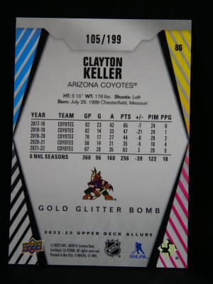 22-23 Allure Clayton Keller 86 Gold Glitter Bomb 105/199 back